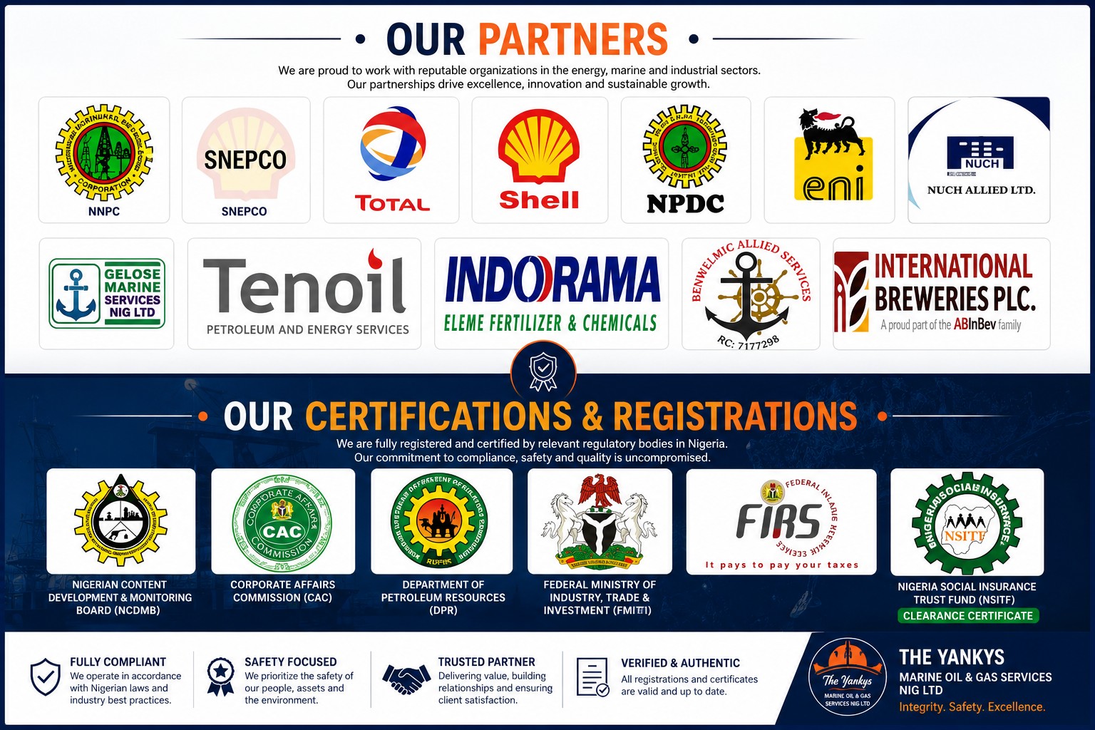 The Yankys Marine Oil and Gas Services partners, certifications and registrations